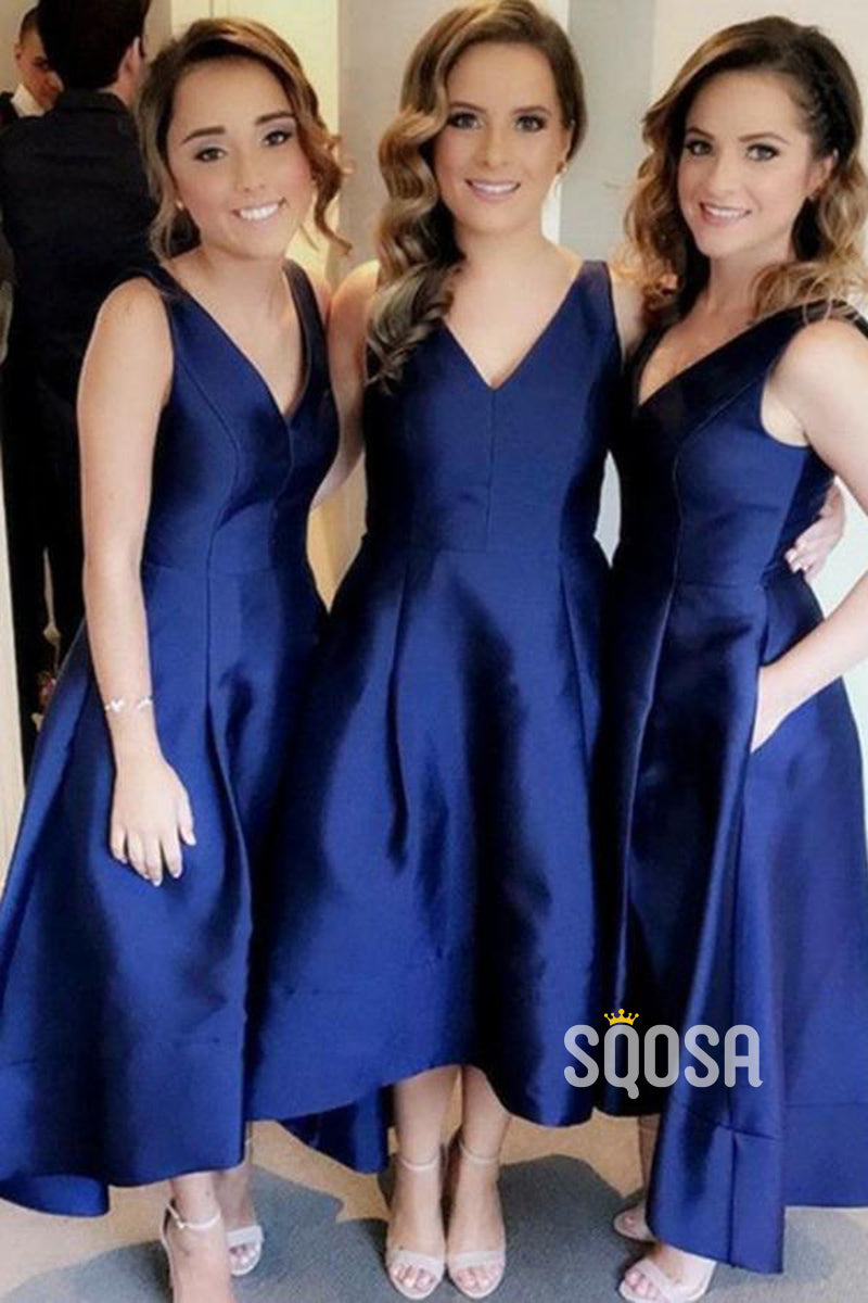 Plunging V-neck Navy Satin Short Bridesmaid Dress QB2118|SQOSA