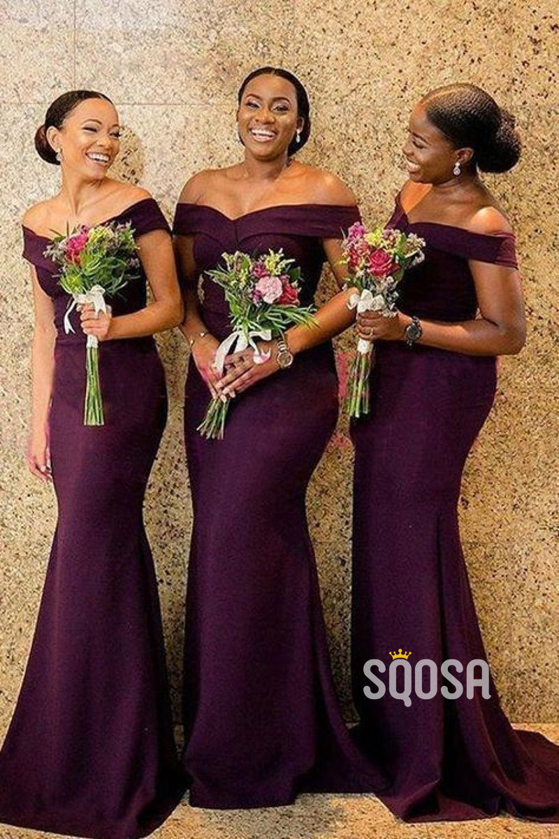 Off the Shoulder Burgundy Mermaid Bridesmaid Dress QB2119|SQOSA