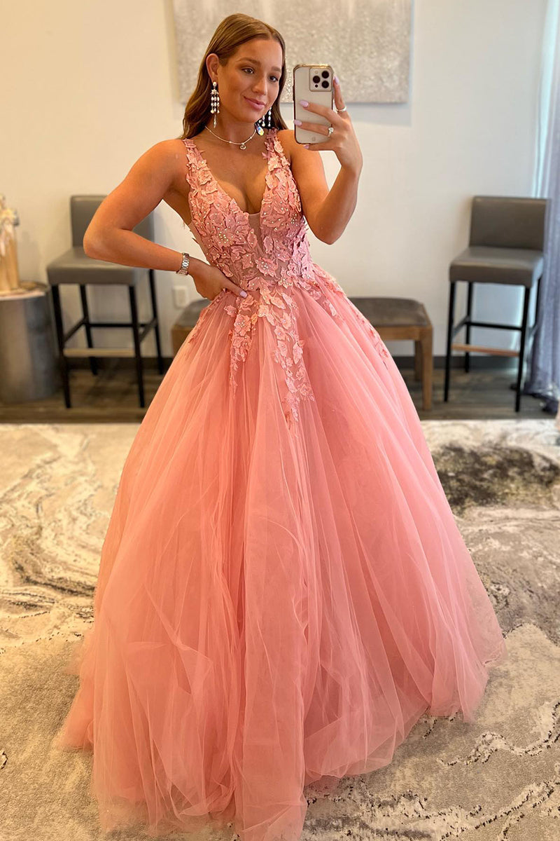 Attractive V-Neck 3D Appliques Pink Cute Prom Dress Long QP1199|SQOSA