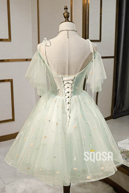 A-line Mint Green Tulle Appliques Short Homecoming Dress Pageant Dress QH2104|SQOSA