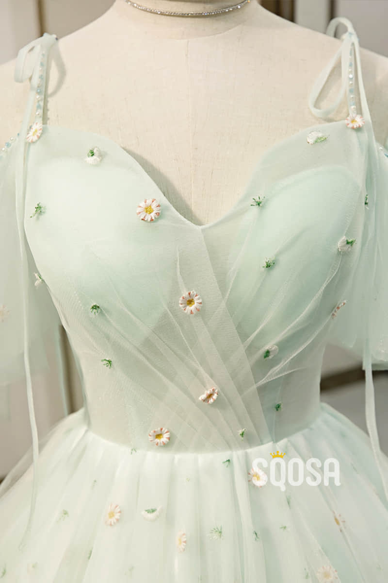 A-line Mint Green Tulle Appliques Short Homecoming Dress Pageant Dress QH2104|SQOSA