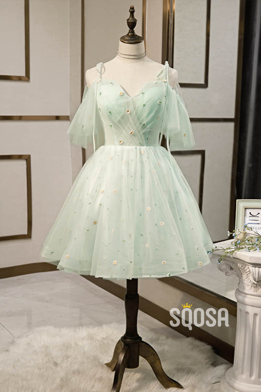 A-line Mint Green Tulle Appliques Short Homecoming Dress Pageant Dress QH2104|SQOSA