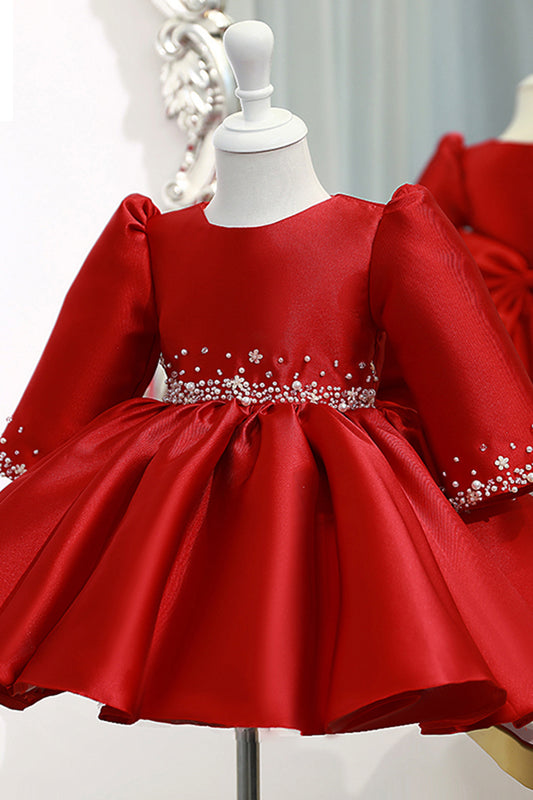 Ball Gown Red Satin Long Sleeves Flower Girl Dress Cute First Communion Dress QF1033