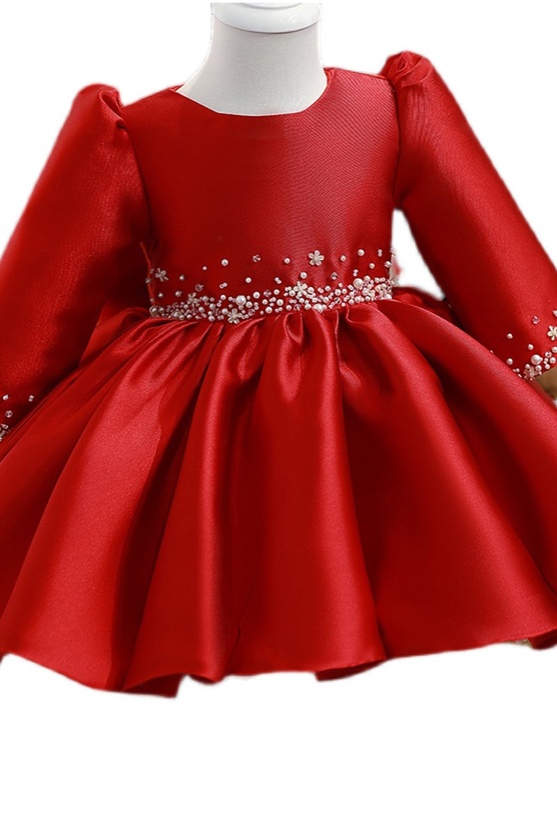 Ball Gown Red Satin Long Sleeves Flower Girl Dress Cute First Communion Dress QF1033