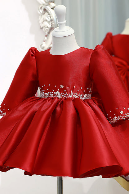 Ball Gown Red Satin Long Sleeves Flower Girl Dress Cute First Communion Dress QF1033