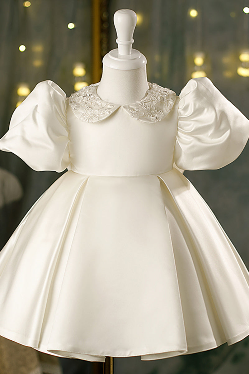 Chic Bateau Shoet Sleeves Appliques Cute Flower Girl Dress Ivory First Communion Dress QF1034