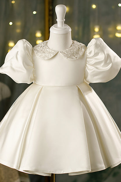 Chic Bateau Shoet Sleeves Appliques Cute Flower Girl Dress Ivory First Communion Dress QF1034