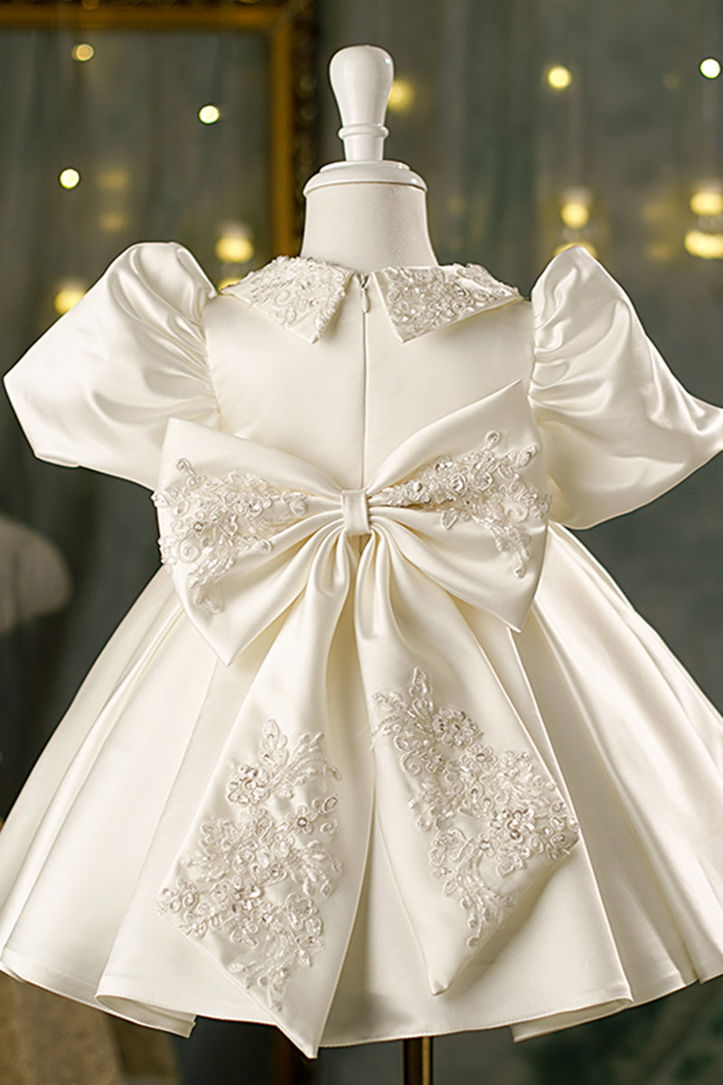 Chic Bateau Shoet Sleeves Appliques Cute Flower Girl Dress Ivory First Communion Dress QF1034