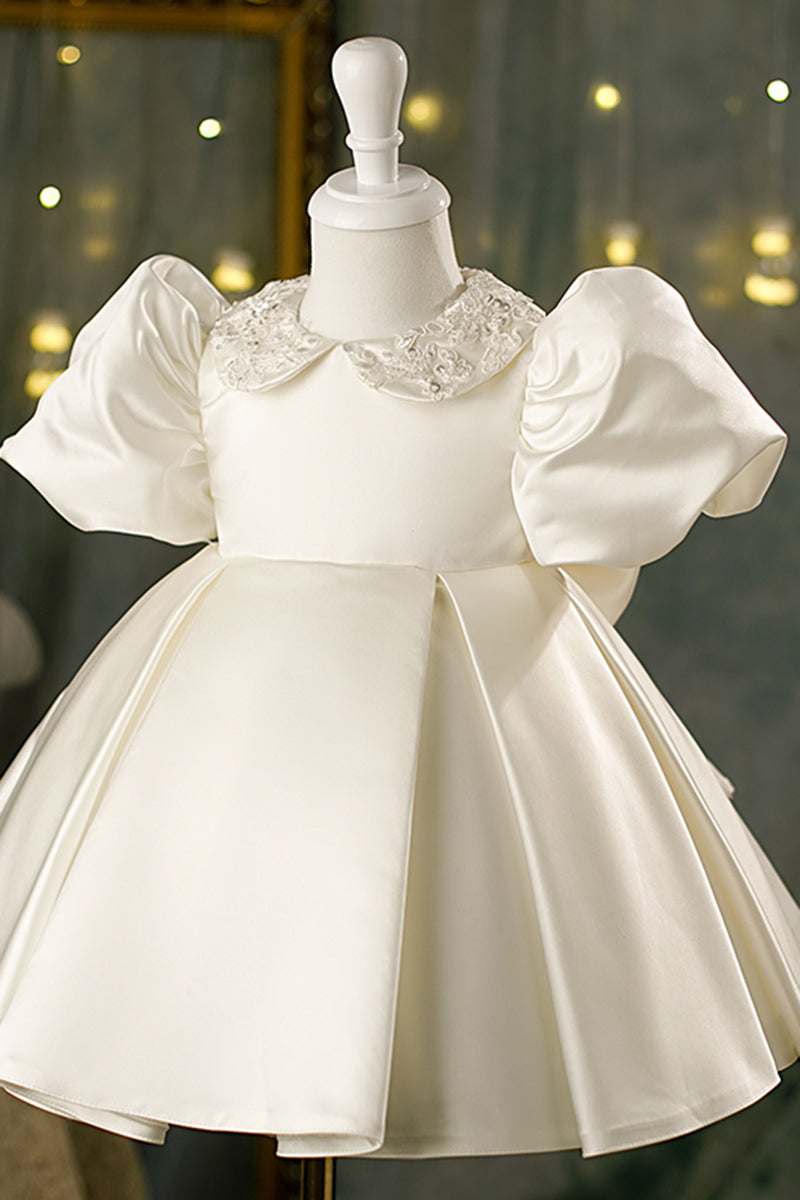 Chic Bateau Shoet Sleeves Appliques Cute Flower Girl Dress Ivory First Communion Dress QF1034