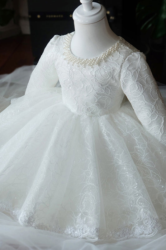 Unique Scoop Long Sleeves Lace Flower Girl Dress Cute First Communion Dress QF1035