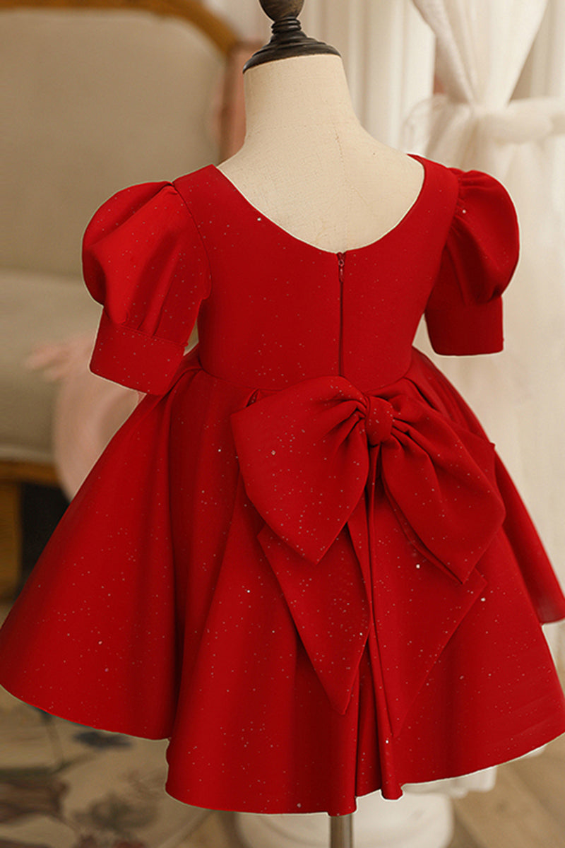 Unique Scoop Short Sleeves Red Flower Girl Dress Cute First Communion Dress QF1038