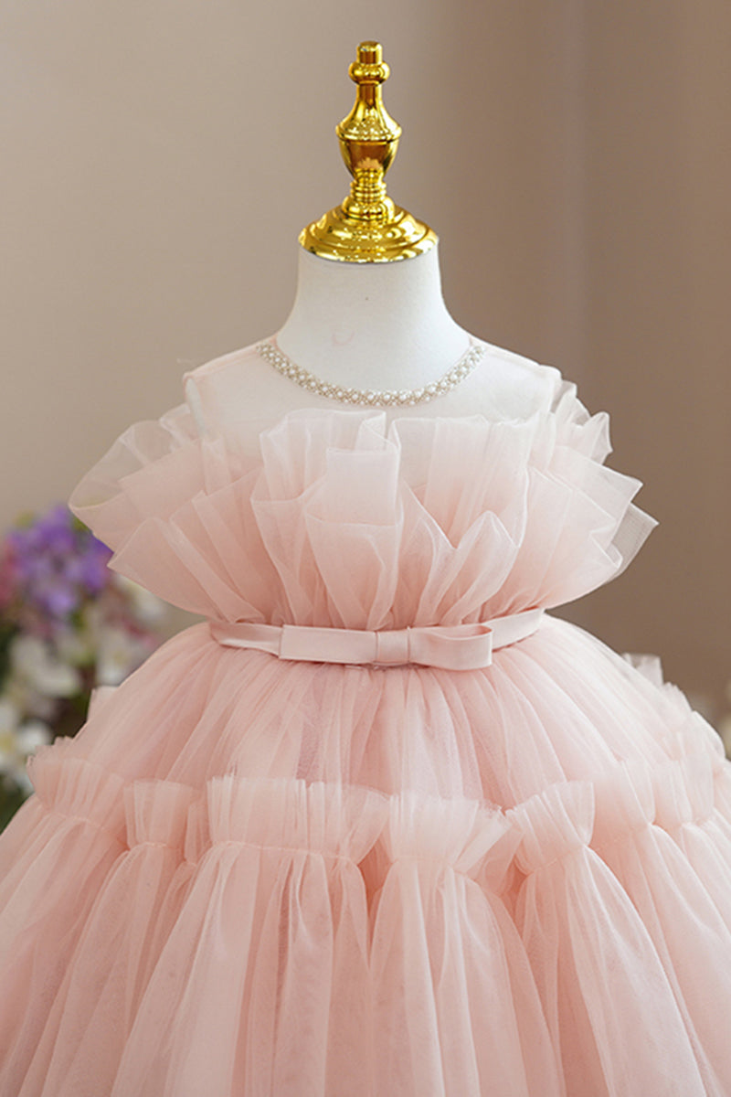 Chic Bateau Tiered Tulle Pink Flower Girl Dress Cute First Communion Dress QF1043