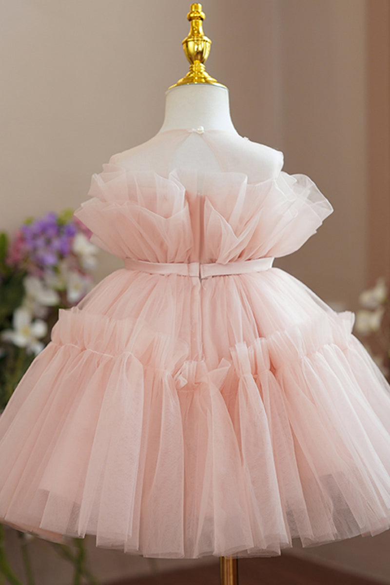 Chic Bateau Tiered Tulle Pink Flower Girl Dress Cute First Communion Dress QF1043