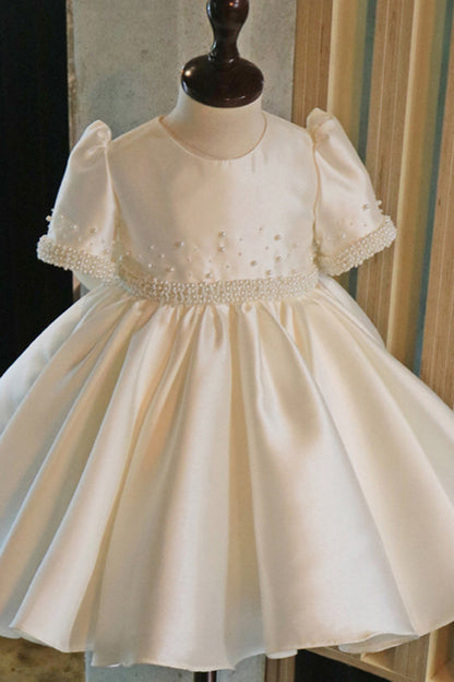 Ball Gown Pearls Short Sleeves Cute Flower Girl Dress First Communion Dress QF1049