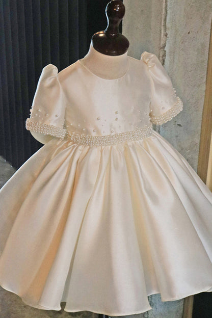 Ball Gown Pearls Short Sleeves Cute Flower Girl Dress First Communion Dress QF1049