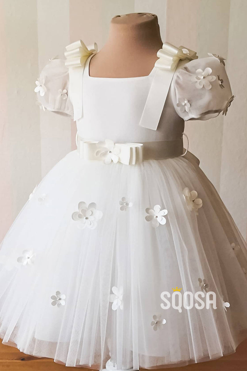 A-line Short Sleeves 3D Appliques Cute Flower Girl Dress First communion dress QF1008