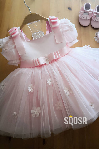 A-line Short Sleeves 3D Appliques Cute Flower Girl Dress First communion dress QF1008