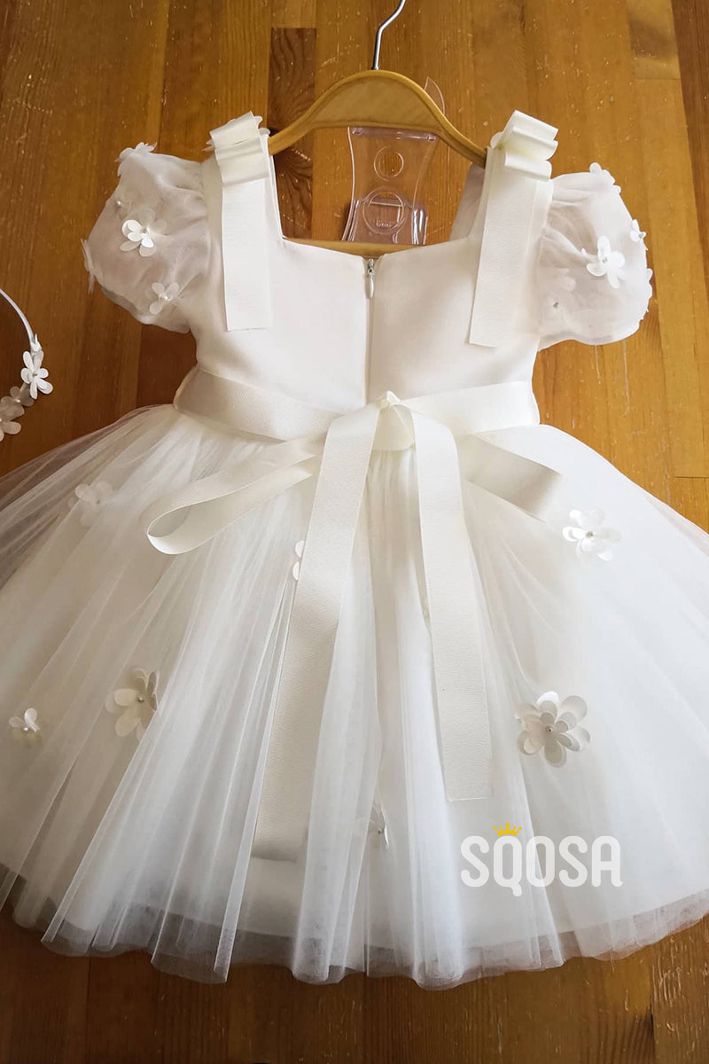 A-line Short Sleeves 3D Appliques Cute Flower Girl Dress First communion dress QF1008