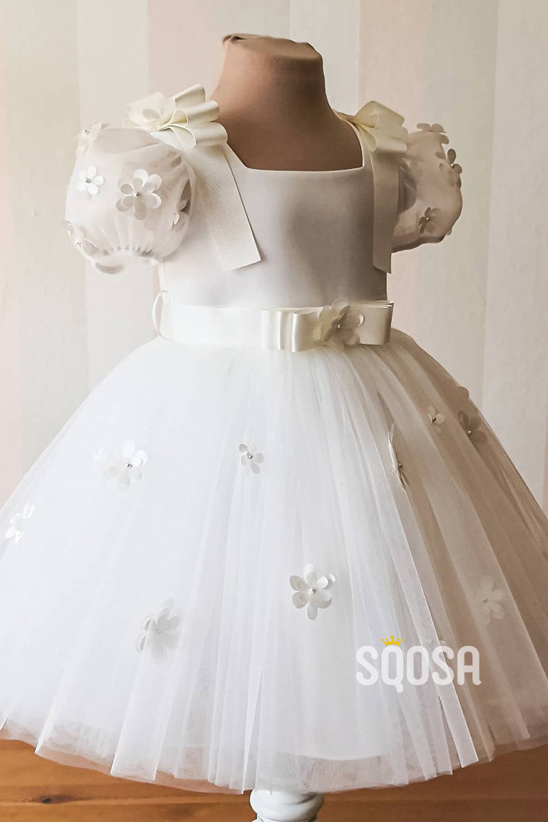 A-line Short Sleeves 3D Appliques Cute Flower Girl Dress First communion dress QF1008