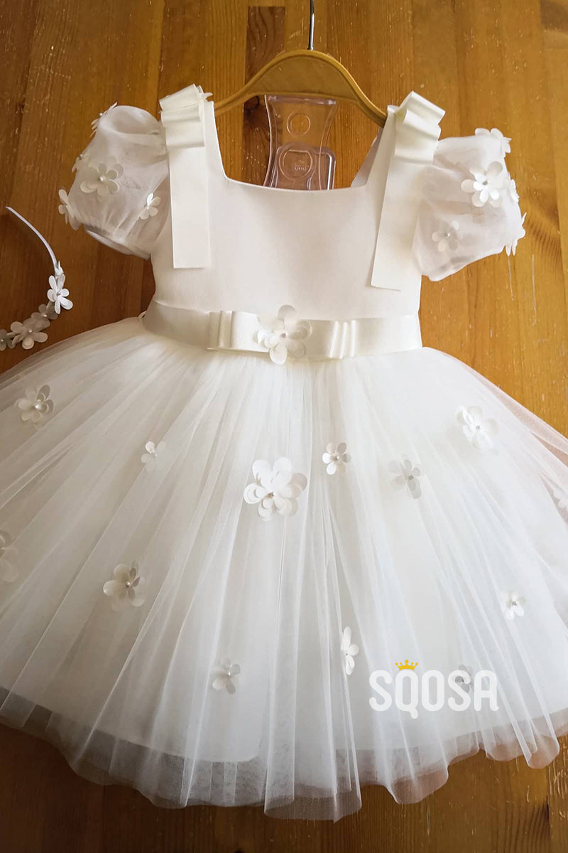 A-line Short Sleeves 3D Appliques Cute Flower Girl Dress First communion dress QF1008