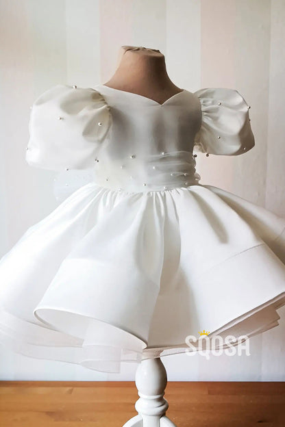 Ball Gown Short Sleeves Pearls Cute Ivory Flower Girl Dress First Communion Dress QF1012