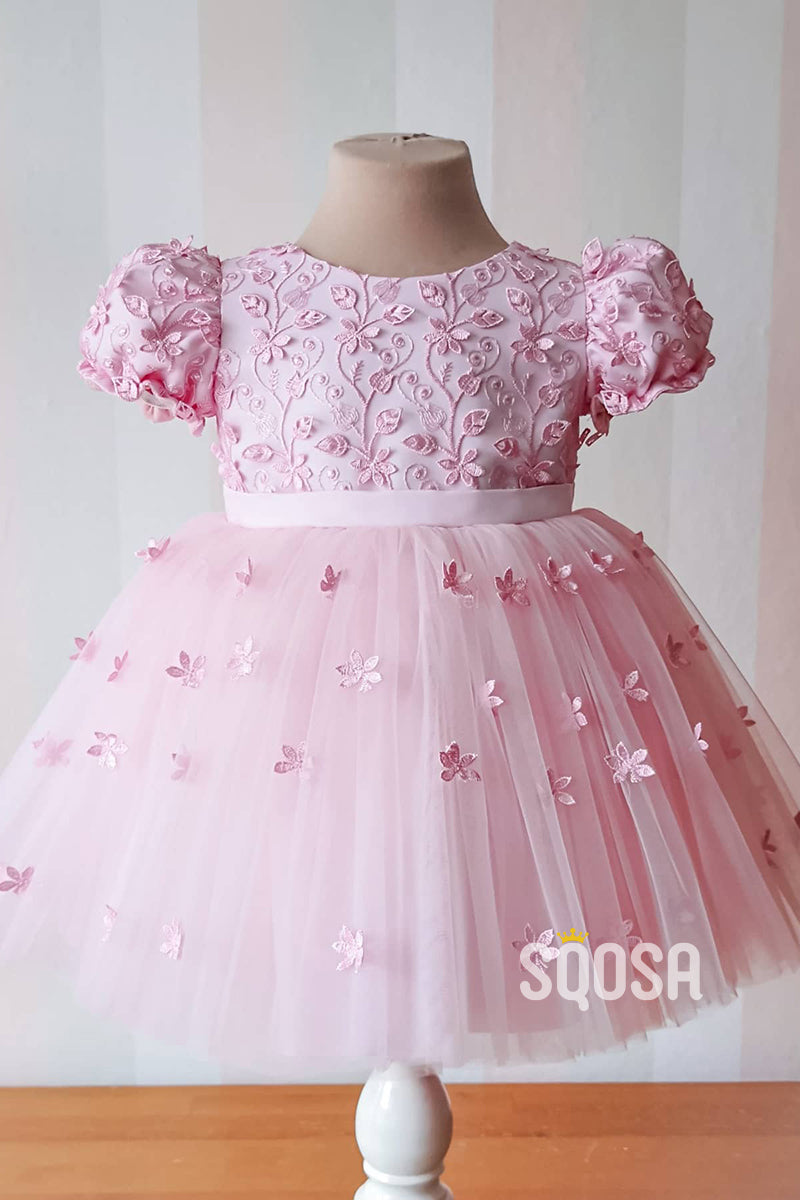 A-line Short Sleeves Lace Pink Flower Girl Dress Cute First Communion Dress QF1018