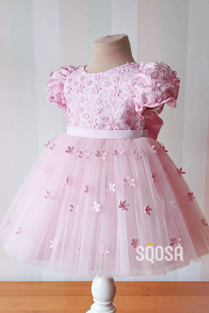 A-line Short Sleeves Lace Pink Flower Girl Dress Cute First Communion Dress QF1018