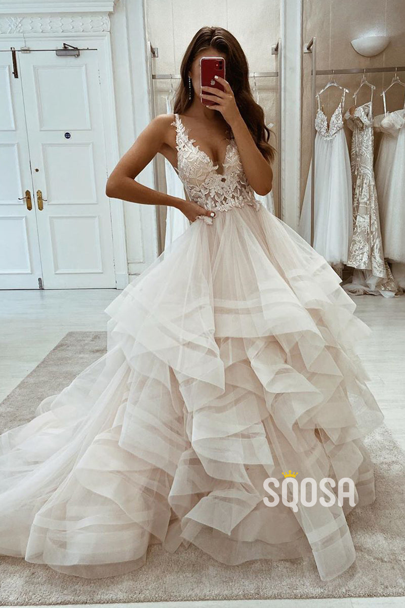 Attractive V-neck Chic Appliques Ball Gown Rustic Wedding Dress QW2583|SQOSA