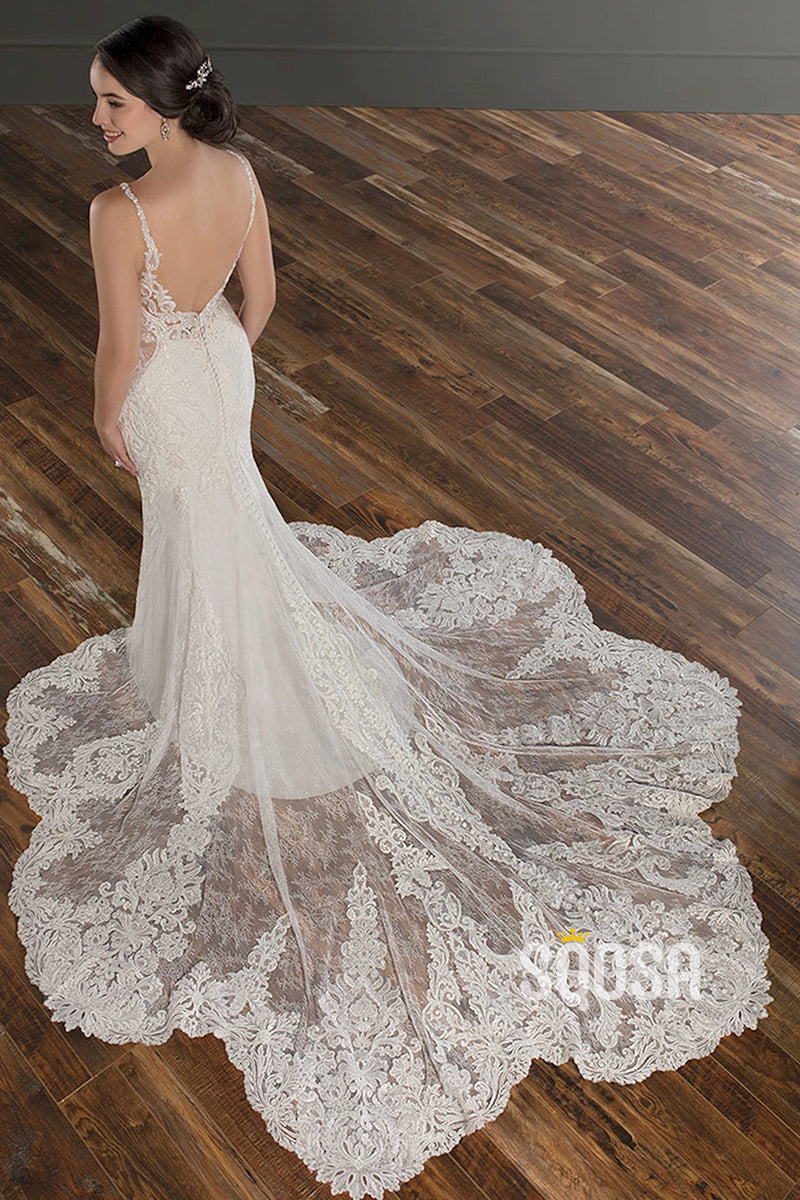 Attractive Deep V-neck Ivory Lace Wedding Dress with Court Train Mermaid Gown QW2594|SQOSA