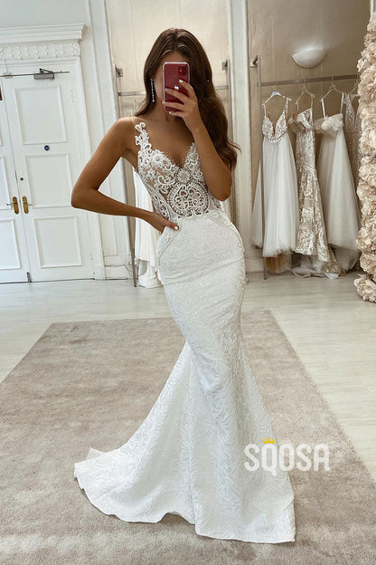 Plunging V-neck Exquisite Lace Wedding Dress Mermaid Gown QW2596|SQOSA