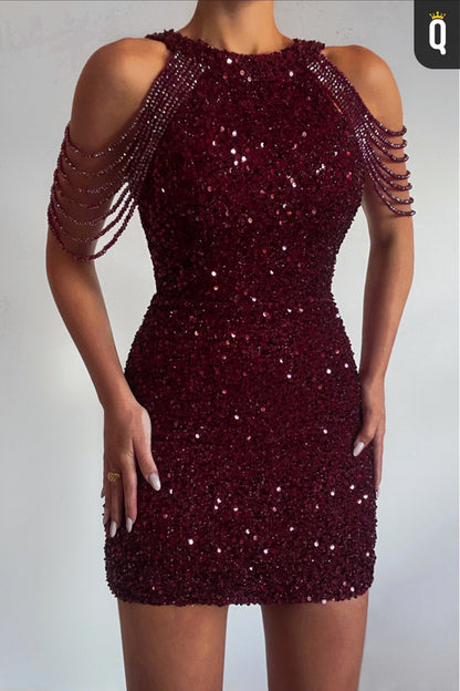 Unique Bateau Sequins Beads Sheath Homecoming Dress Short Party Dress QH0836