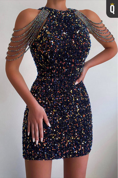 Unique Bateau Sequins Beads Sheath Homecoming Dress Short Party Dress QH0836