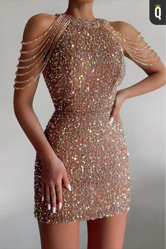 Unique Bateau Sequins Beads Sheath Homecoming Dress Short Party Dress QH0836