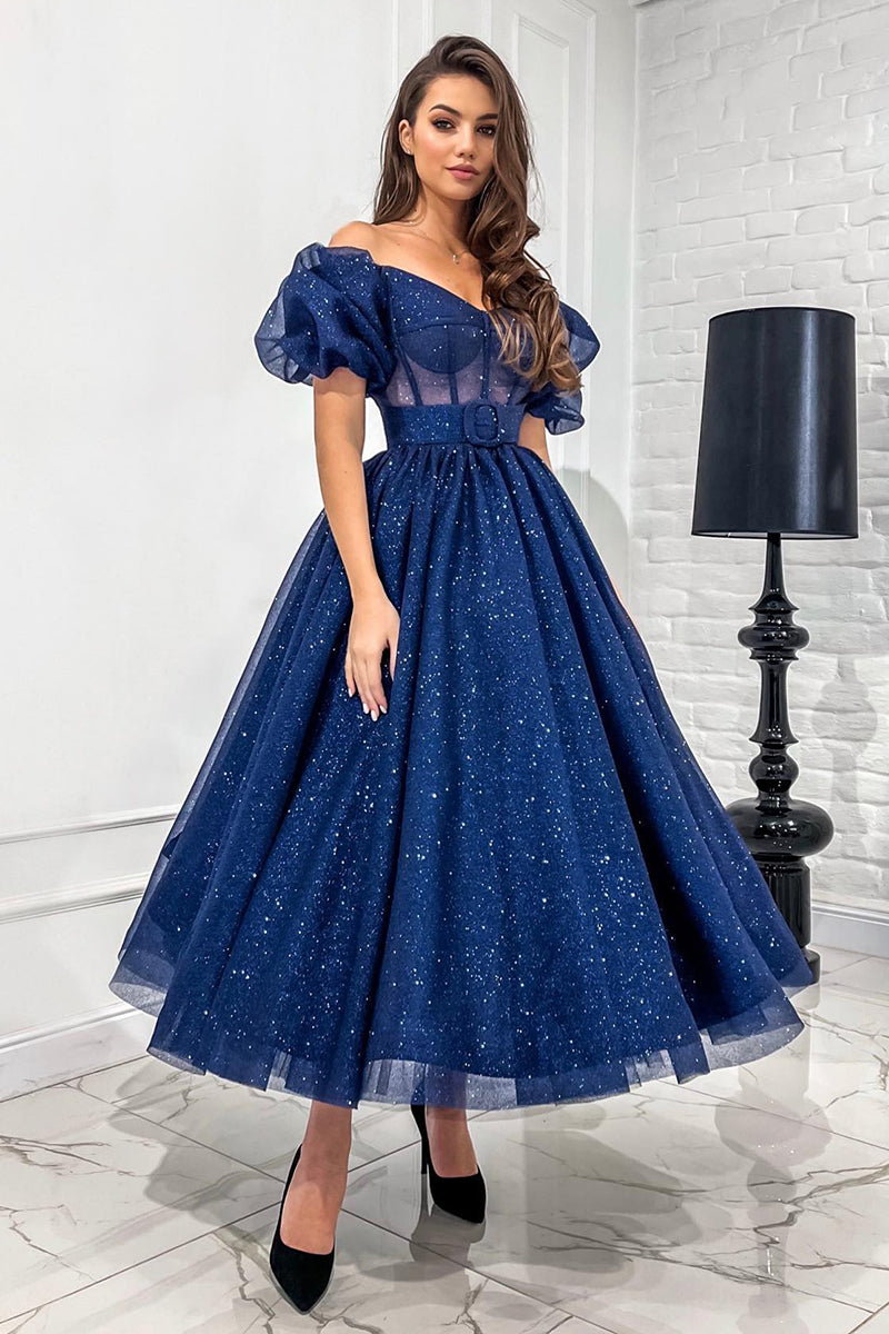 Off the Shoulder Short Sleeves Sparkly Prom Dress Vinatge Homecoming Dress QP0834