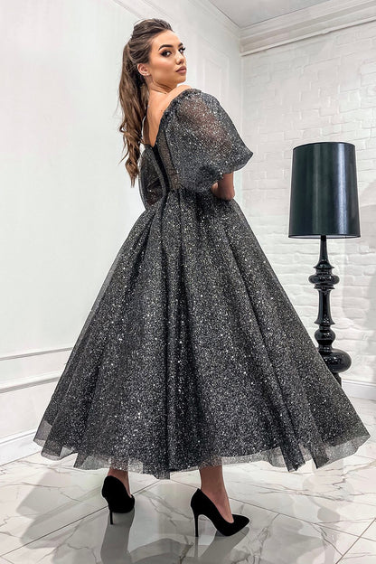 Off the Shoulder Half Sleeves Black Sparkly Prom Pageant Dress QP0837