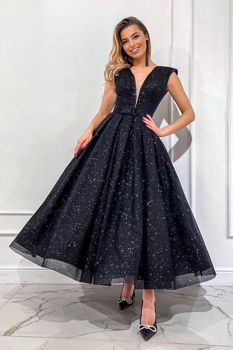 Attractive V-Neck Tulle Black Vintage Prom Dress Glitter QP0838