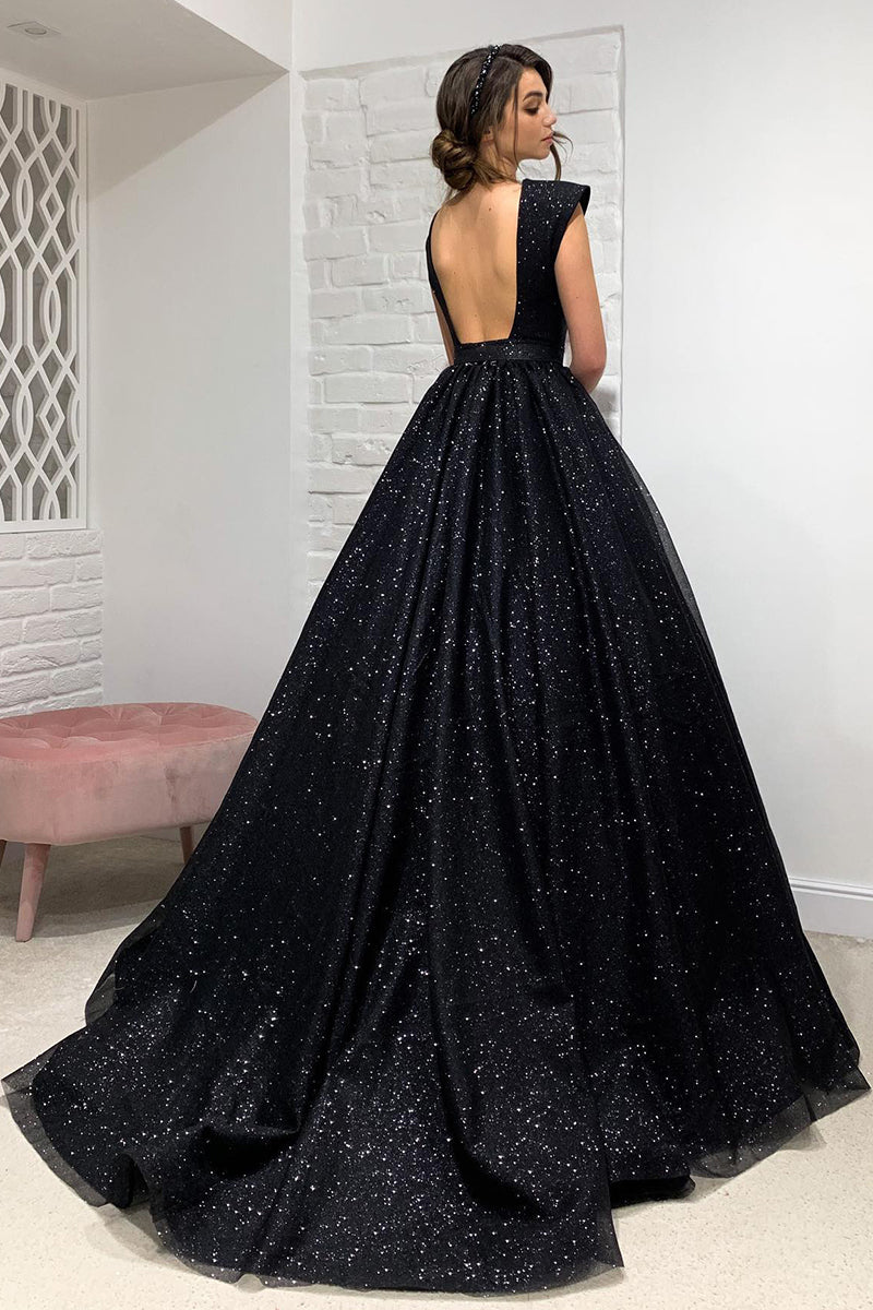 Plunging V-Neck Black Sparkly Prom Dress QP0839