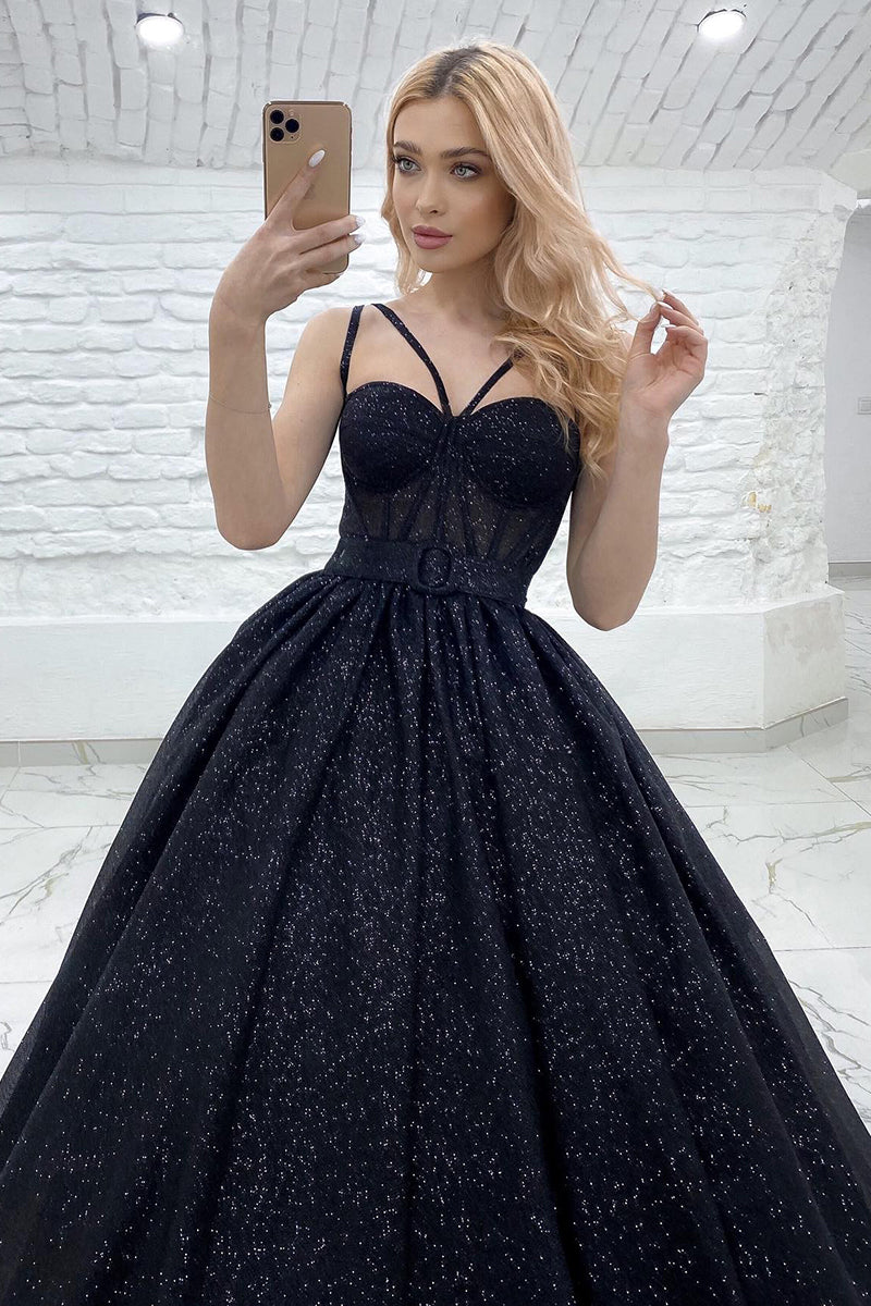 Spaghetti Straps A-line Sparkly Prom Dress with Pockets QP0846