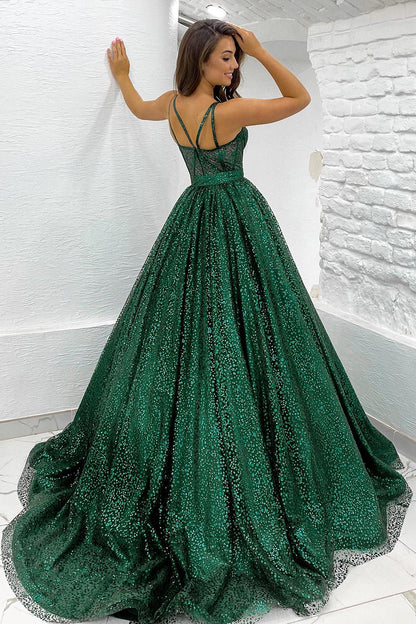 Spaghetti Straps A-line Sparkly Prom Dress with Pockets QP0846