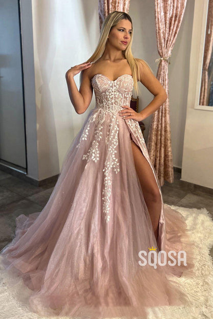 A-line Sweetheart Lace Appliques Pink Long Prom Dress QP0853