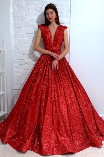 Attractive V-neck Red Sparkly Prom Ball Gown QP0861