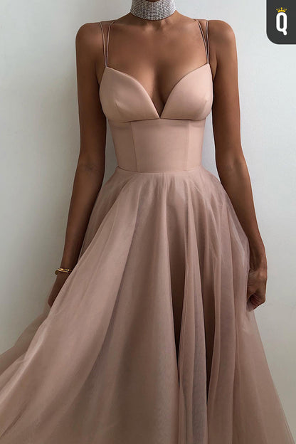 Spaghetti Straps V-Neck Simple Formal Evening Dress QP2935