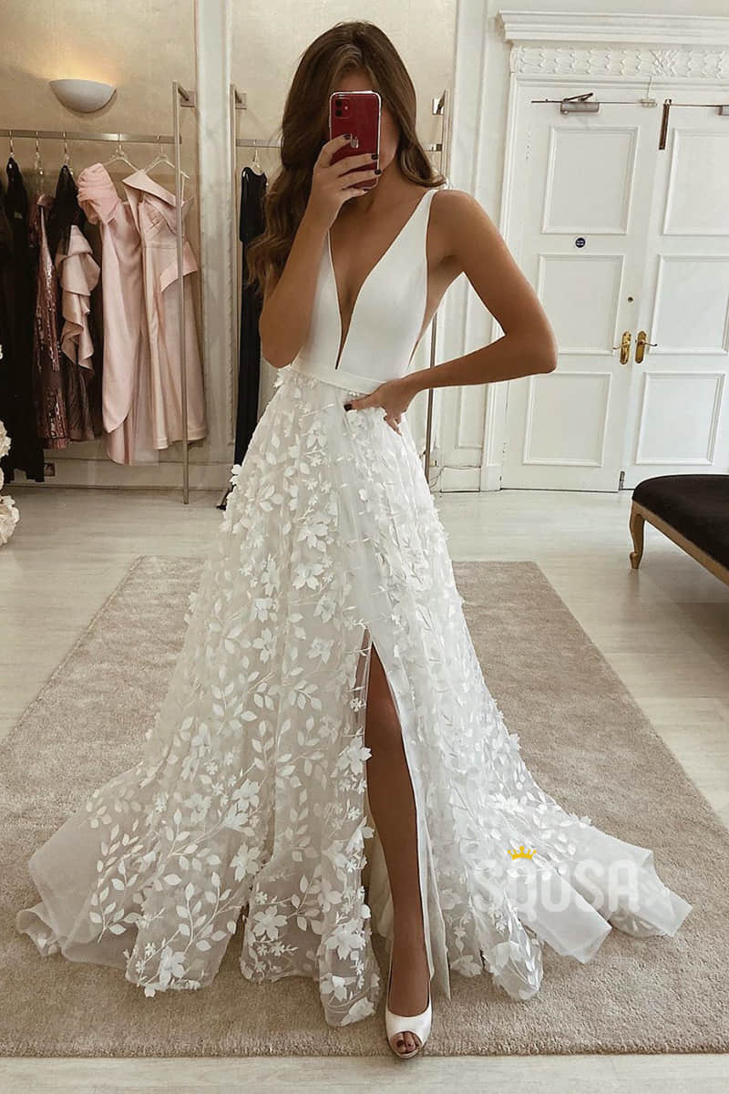 A-line V-neck Exquisite Lace Bohemian Wedding Dress Bridal Gowns QW2096|SQOSA