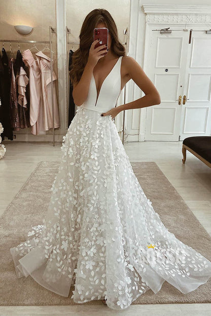 A-line V-neck Exquisite Lace Bohemian Wedding Dress Bridal Gowns QW2096|SQOSA