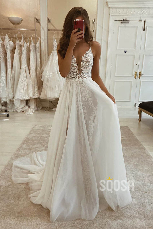 A-line V-neck Spaghetti Straps Lace Bohemian Wedding Dress Rustic Bridal Gowns QW2097|SQOSA