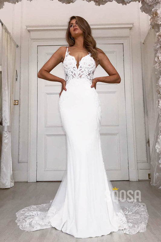 Sheath/Column Wedding Dress Chic Lace Appliques Bohemian Wedding Gowns QW2109|SQOSA