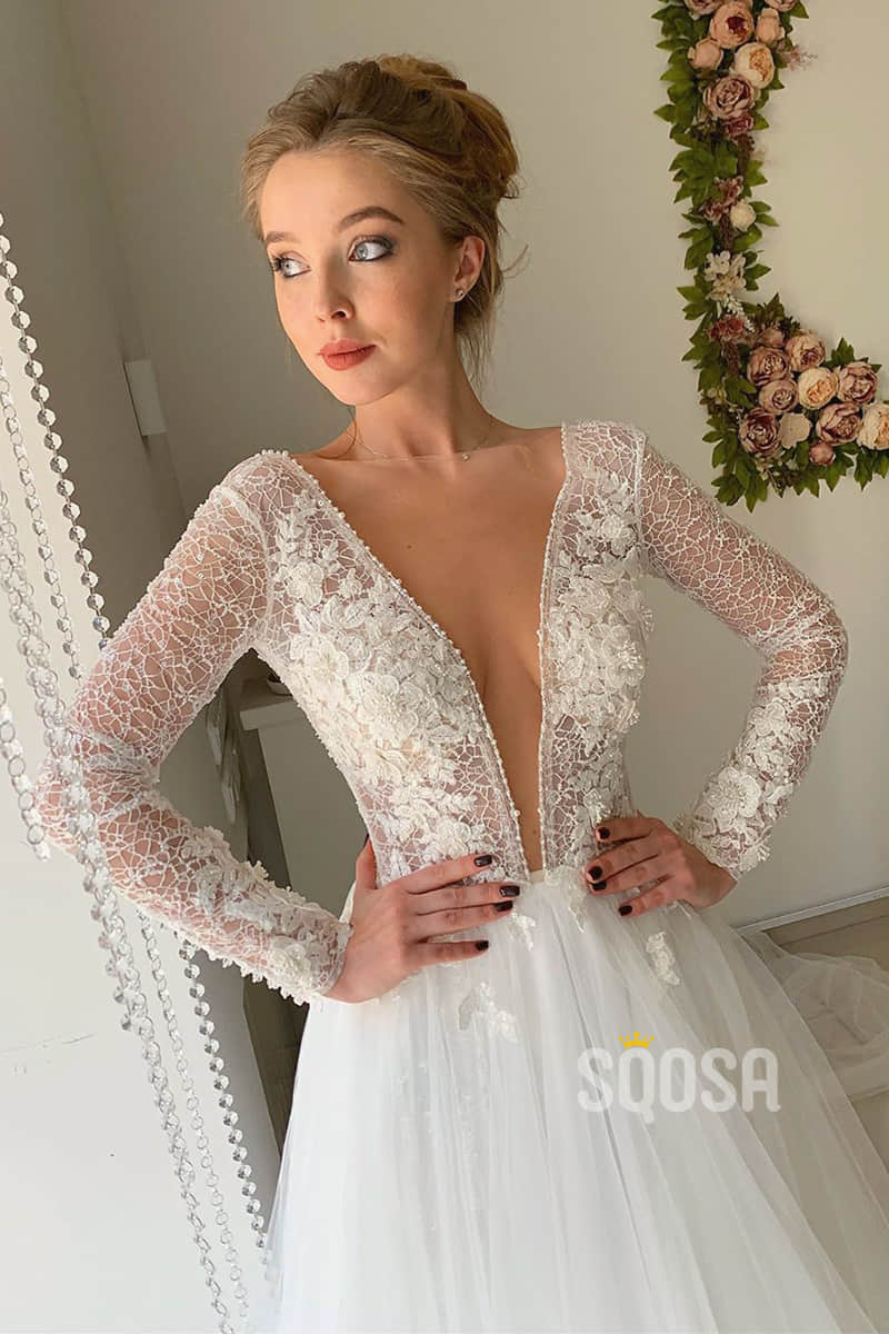 A-line Attractive V-neck Lace Long Sleeves Wedding Dress with Court Train QW2141|SQOSA