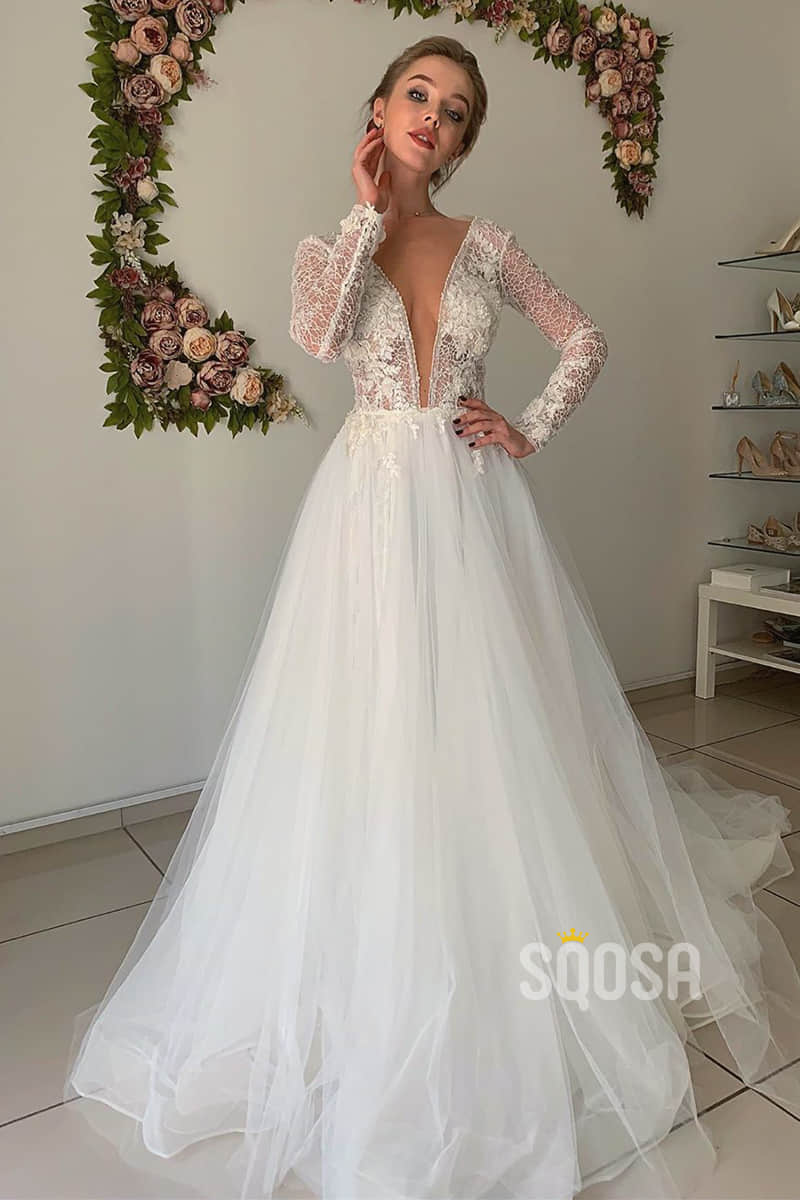 A-line Attractive V-neck Lace Long Sleeves Wedding Dress with Court Train QW2141|SQOSA