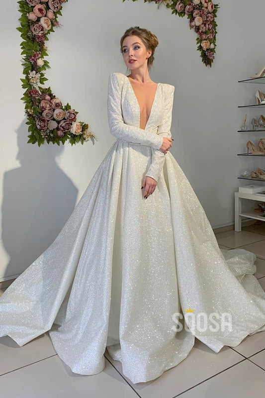 A-line Attractive V-neck Long Sleeves Rustic Wedding Dress Glitter Bridal Gown QW2146|SQOSA