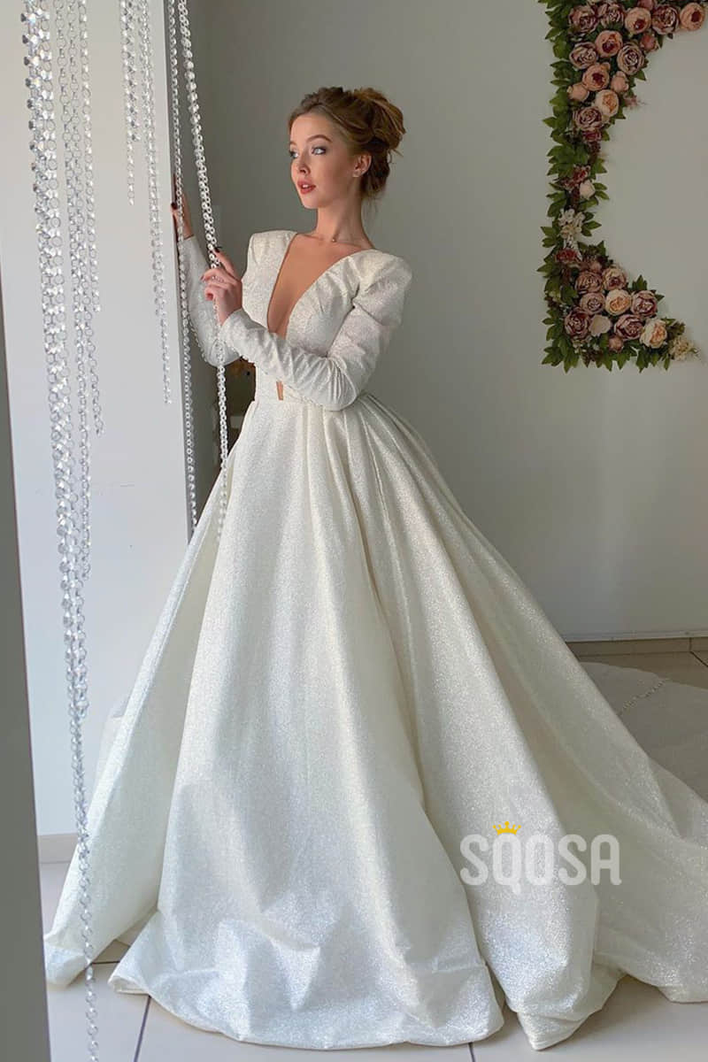 A-line Attractive V-neck Long Sleeves Rustic Wedding Dress Glitter Bridal Gown QW2146|SQOSA